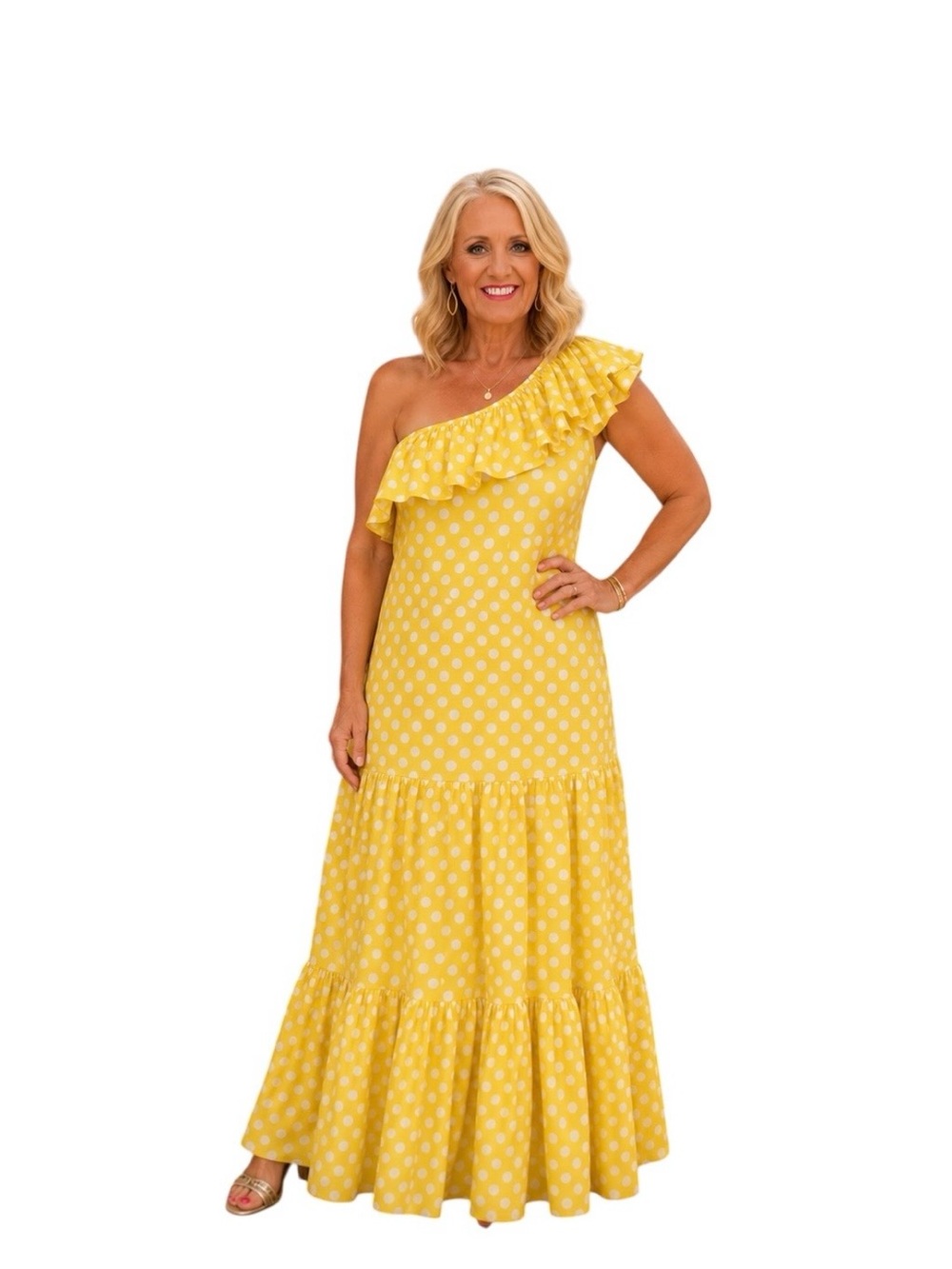 Lisa Marie Fernandez Yellow Polka Dot One-Shoulder Ruffle Maxi Dress Size Large